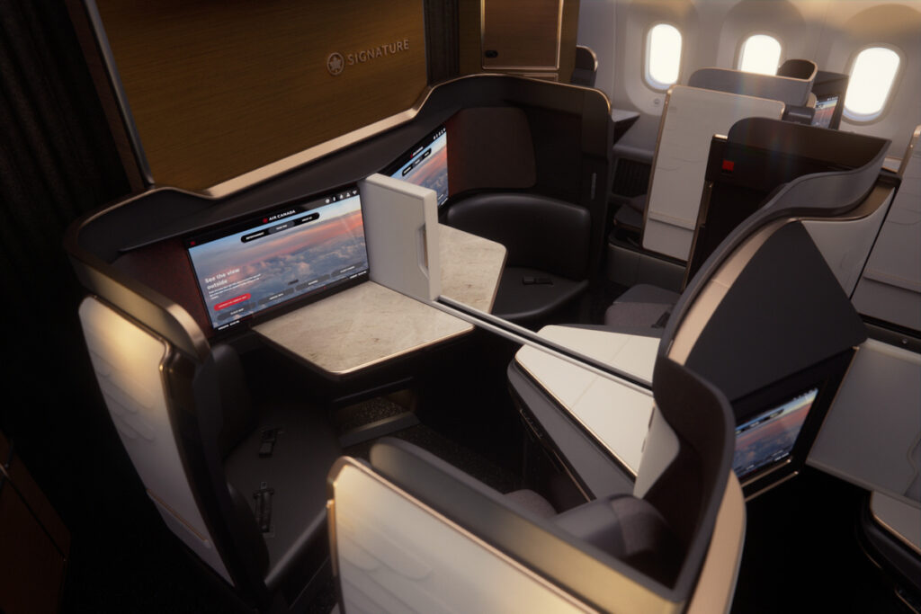 Air Canada A321XLR Signature Class Collins Aurora suite in 1-1 inward-facing herringbone with 19-inch 4K OLED screen