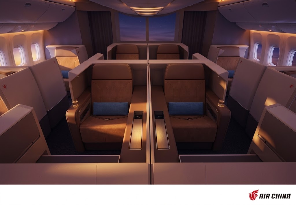 Air China First Class cabin, 1-2-1 suites in tan leather with blue cushions and a bulkhead window ahead