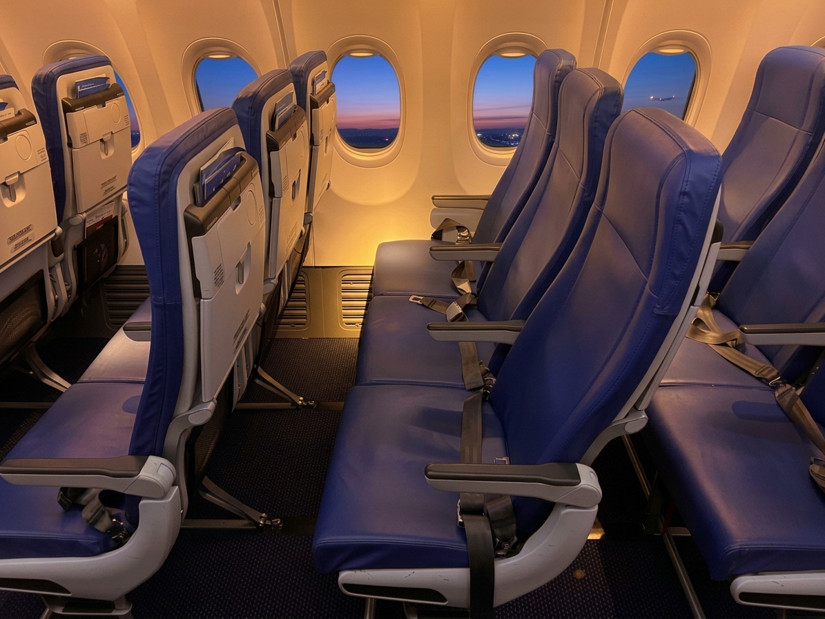 Air Europa Boeing 737-800 economy seats in blue leather beside the windows at dusk