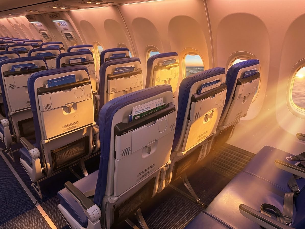 Air Europa Boeing 737 MAX 8 economy cabin, blue seats looking forward in morning light