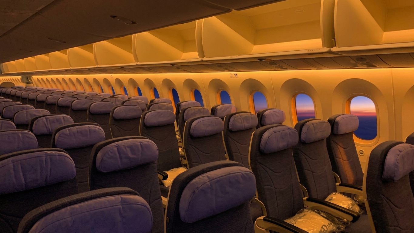 Air Europa Boeing 787-8 economy cabin at sunset, 3-3-3 seats with grey headrests