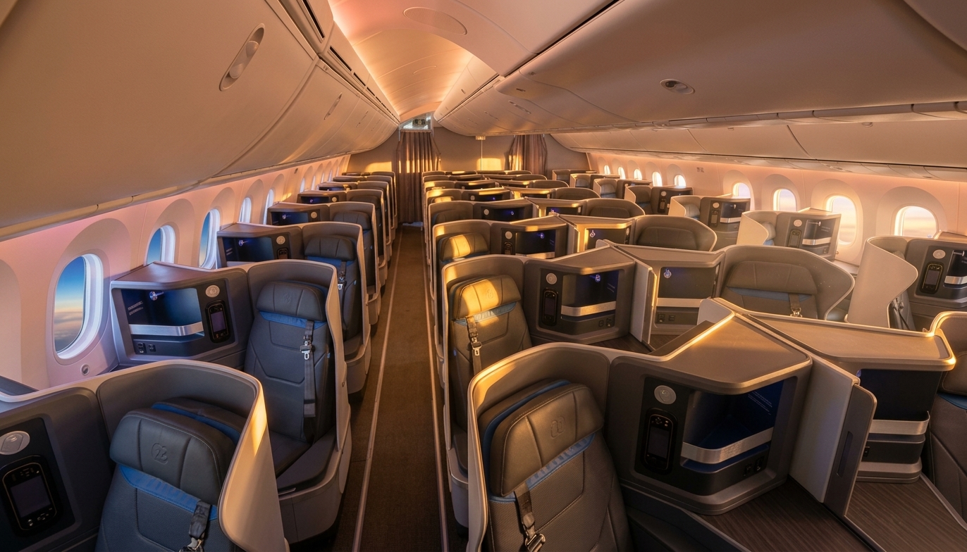 Air Europa Boeing 787-9 business class, 1-2-1 lie-flat seats in grey and blue