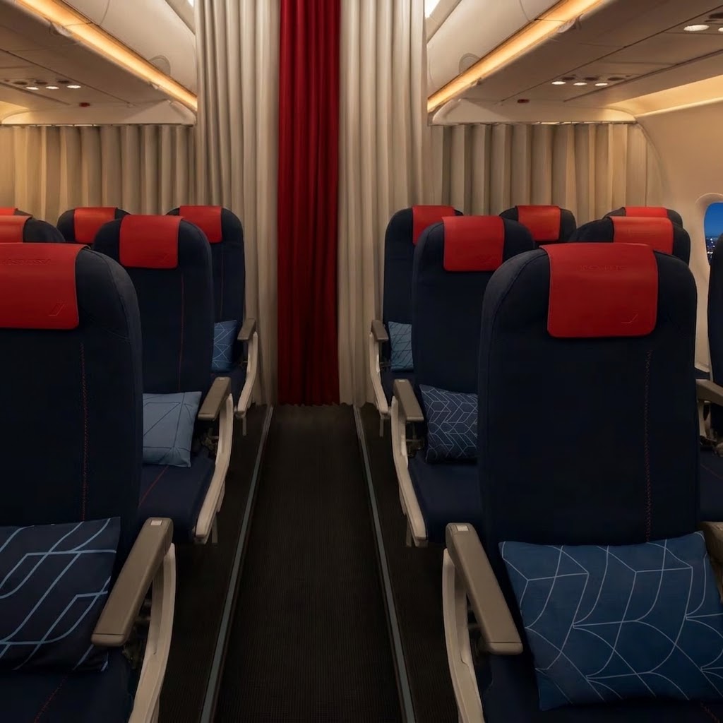 Air France Airbus A321 cabin, 3-3 seating with the Business curtain across the forward rows