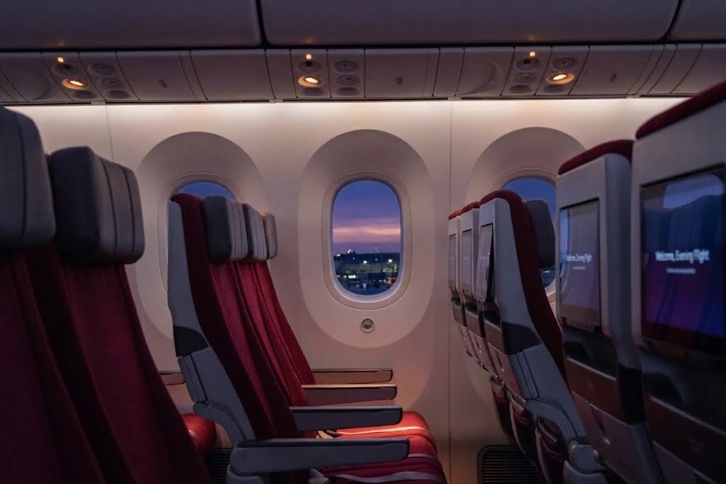 Air India Boeing 787 economy cabin, three-by-three seating with seatback screens