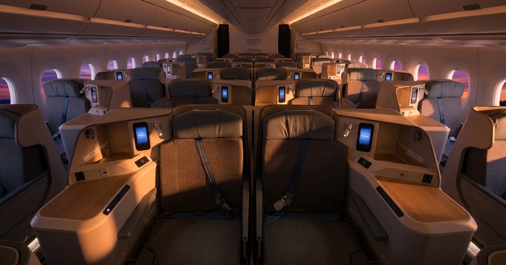 Air Mauritius A350-900 Business cabin with staggered 1-2-1 lie-flat seats at sunset