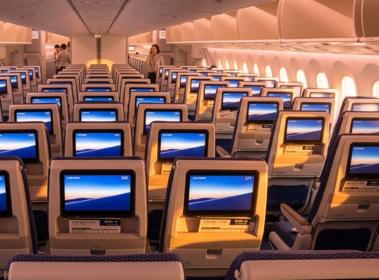 Air Premia Boeing 787-9 economy cabin, 3-3-3 seats with seatback screens