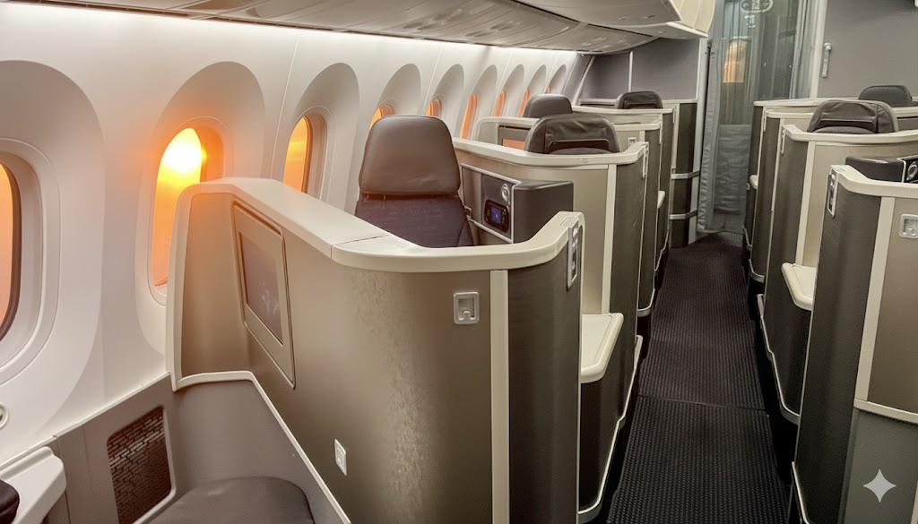 American Airlines 787-8 Flagship Business cabin at sunset