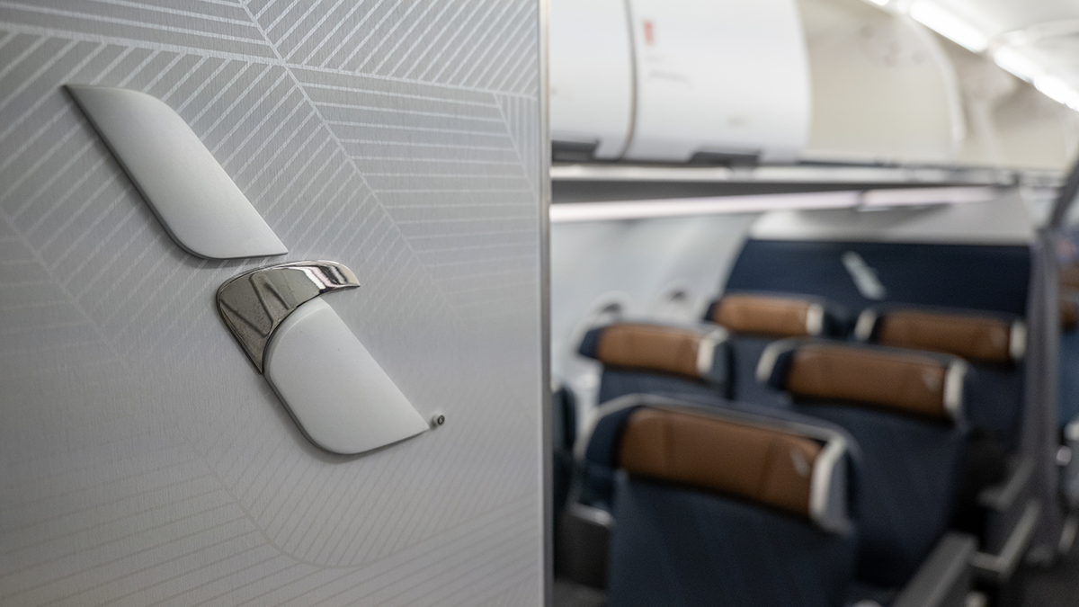 American Airlines A319 Main Cabin interior with winglet view