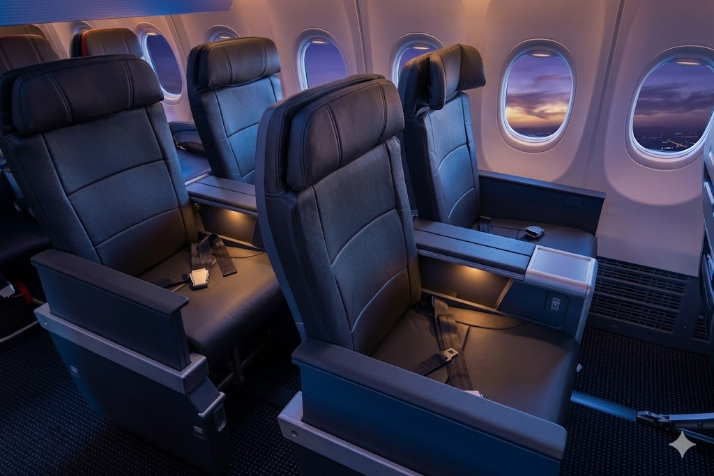 American Airlines A320 First Class cabin with dark grey leather recliner seats by the windows at dusk