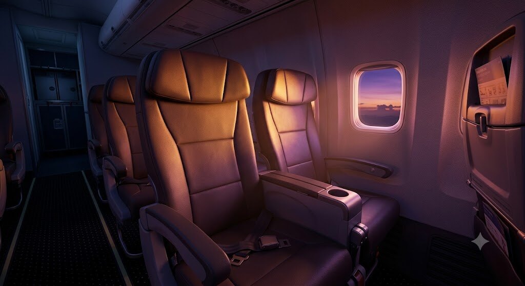 American Eagle CRJ-700 First Class leather recliners at sunset with a window view