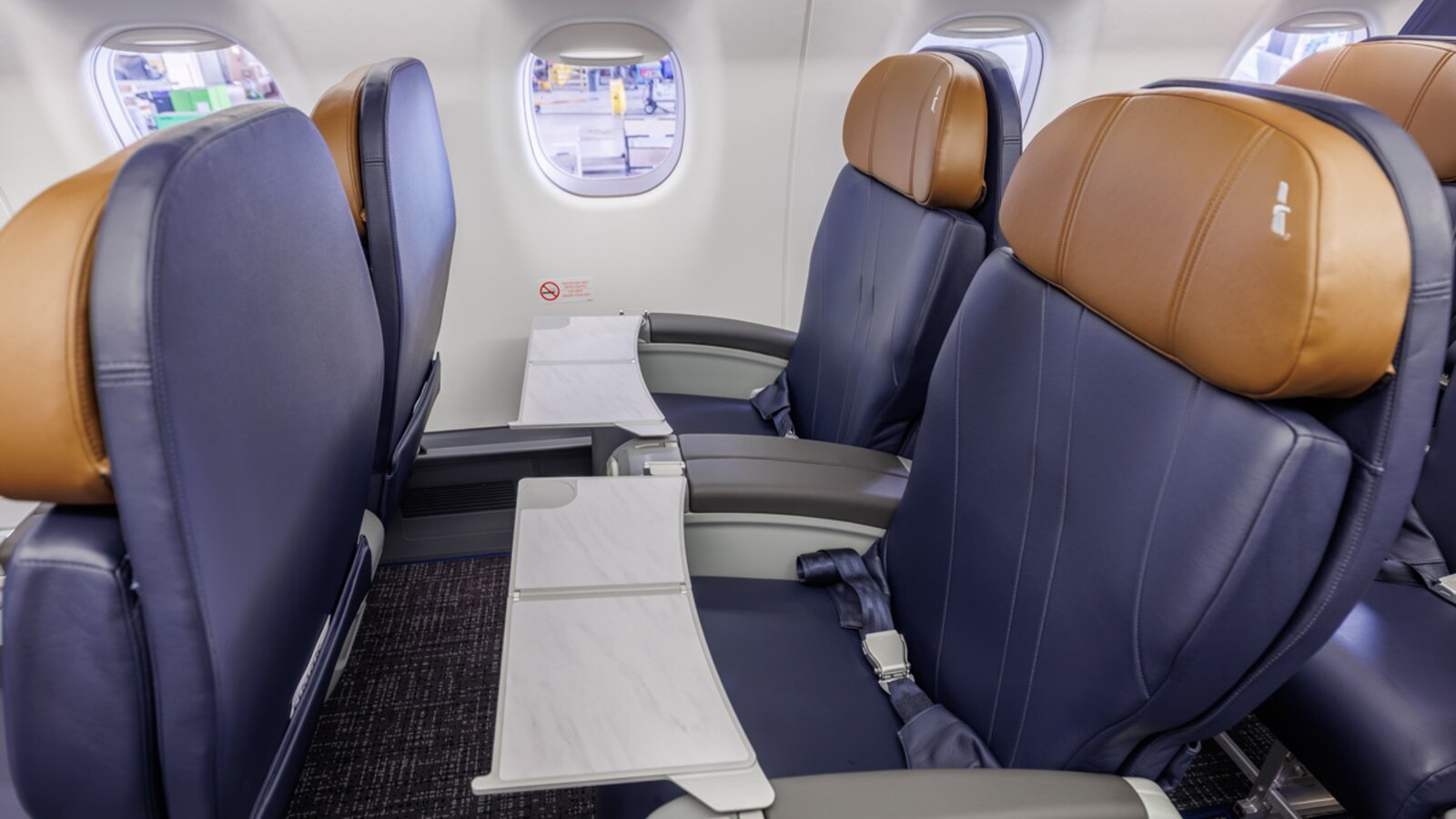 American Eagle Embraer 170 First Class recliners in blue leather with tan headrests