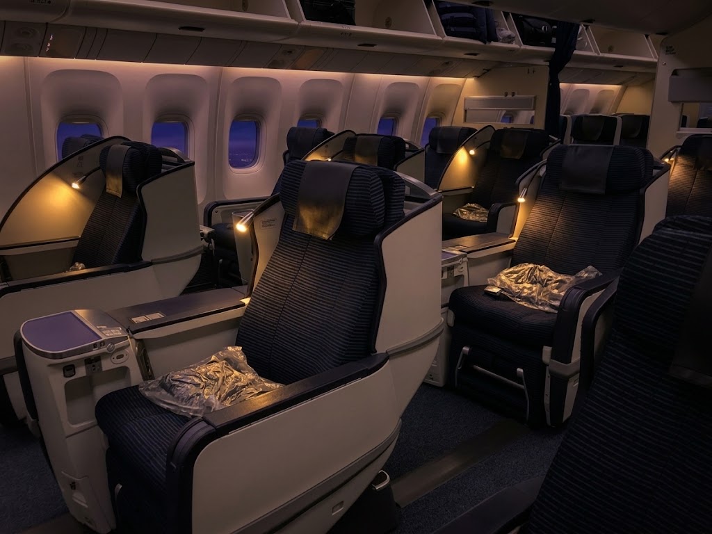 ANA Boeing 767-300ER Business cabin at night, angled shell seats in navy with reading lights on and the window line beyond