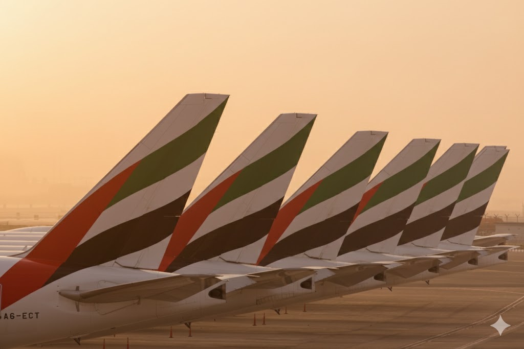 Emirates A380 aircraft tails at Dubai International Airport