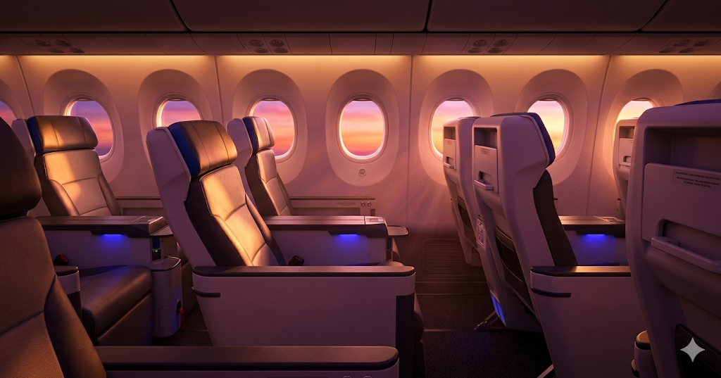 Breeze Airways Airbus A220-300 Breeze Ascent recliner cabin at sunset, 2-2 layout window seats