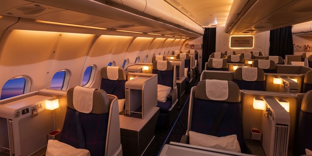Brussels Airlines Airbus A330-300 Business Class cabin, staggered lie-flat seats in checked upholstery with a Welcome Aboard sign at the cabin divider