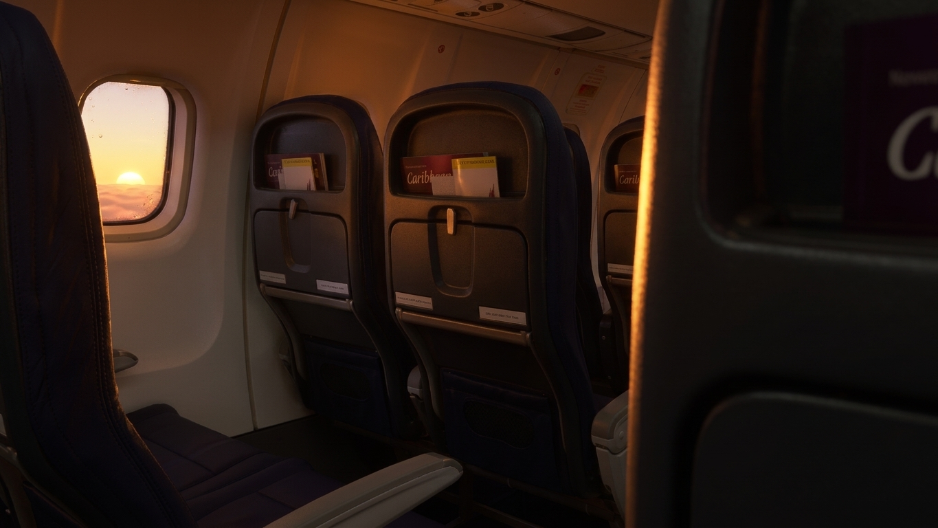 Caribbean Airlines ATR 72-600 cabin at sunset, a pair of economy seats beside the window with no seatback screens
