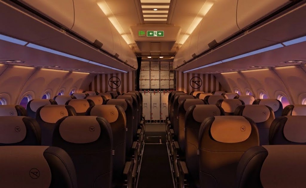 Condor Airbus A320 economy cabin looking aft along the three-by-three seating