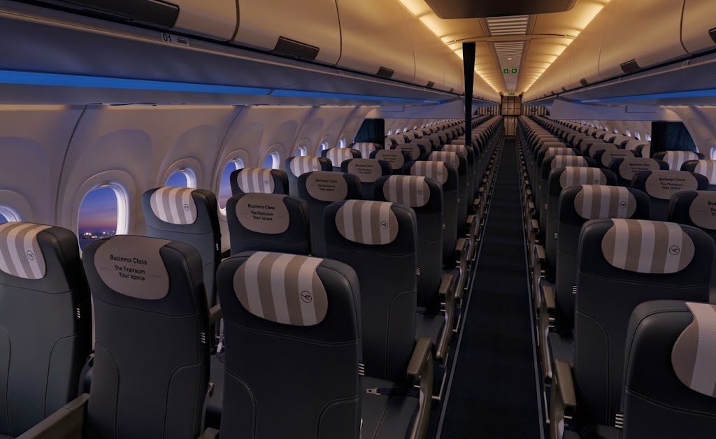 Condor Airbus A320neo cabin looking aft along the three-by-three seating