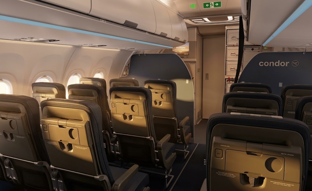 Condor Airbus A321neo cabin looking aft along the three-by-three seating