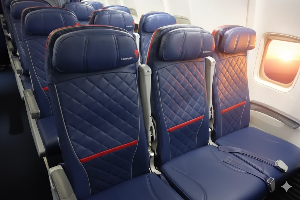 Delta Boeing 757-200 cabin featuring Comfort+ quilted blue leather seats with red accents