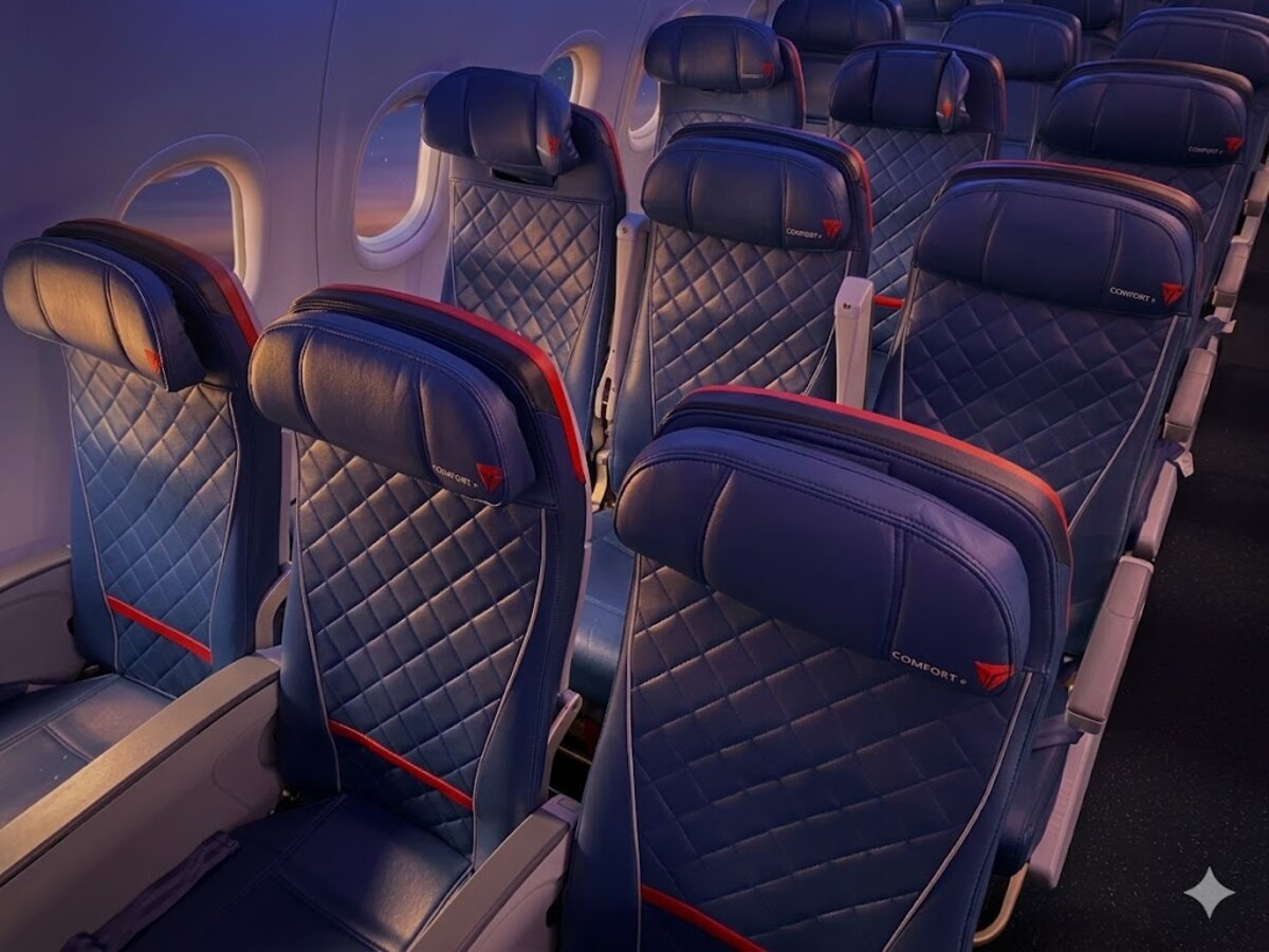 Delta Air Lines A320 Comfort+ cabin with dark leather seats and red accent stitching by the windows