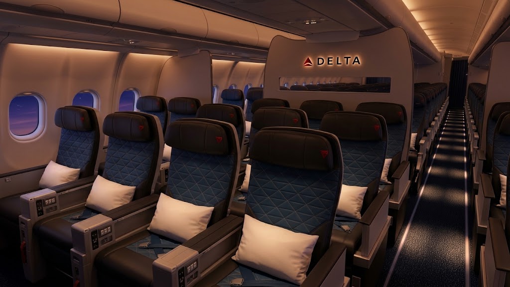 Delta Premium Select cabin on an Airbus A330, 2-3-2 recliners in blue quilted upholstery with white pillows