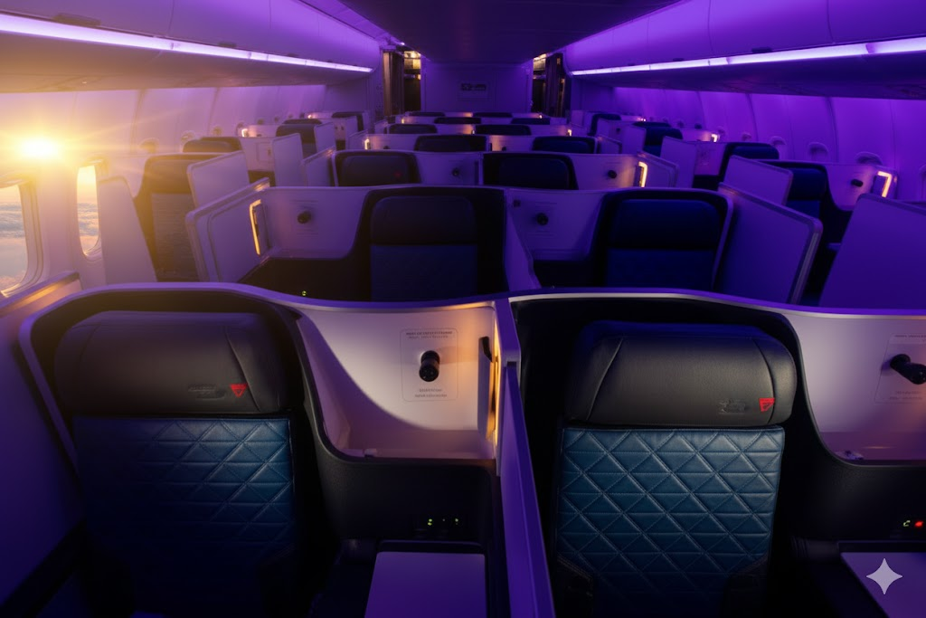 Delta Airbus A330-900neo Delta One Suites cabin with purple mood lighting