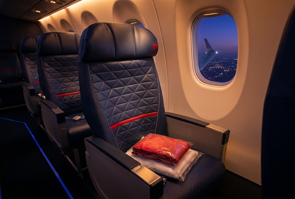 Delta CRJ-550 First Class cabin with quilted leather recliners in a 1-2 layout