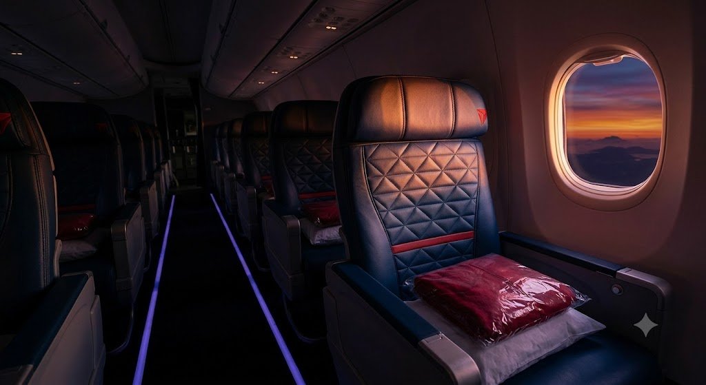 Delta CRJ-700 First Class cabin at sunset with a window view and amenity pillow