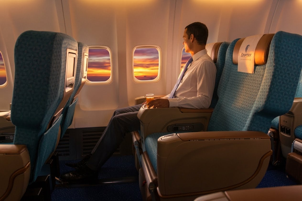 EgyptAir 737-800 business class recliner seats in teal fabric beside the window
