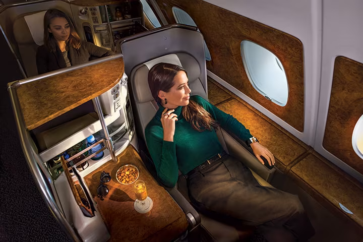 Emirates A380 Business Class cabin with champagne service