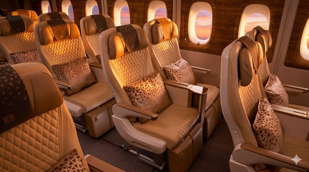 Emirates Premium Economy seats with quilted leather and footrests