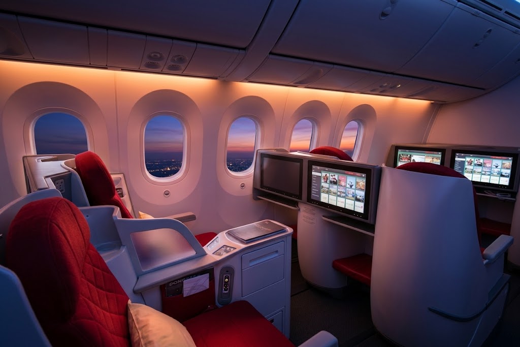 Ethiopian Airlines Cloud Nine business cabin at dusk, red seats and large seatback screens beside the window line