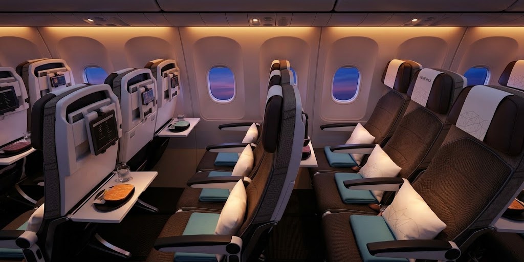 Etihad Airways A320 business cabin in a two-by-two layout, brown and teal recliners with pull-out seatback screens and windows along the cabin wall