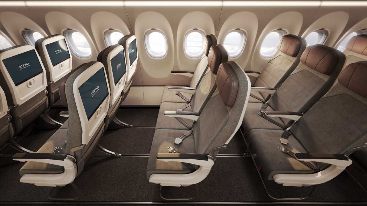 Etihad Airways Airbus A321LR Economy cabin with 4K seatback screens
