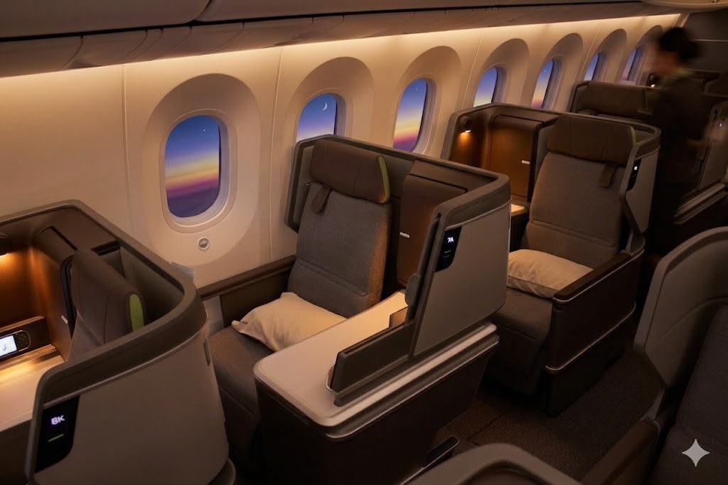 EVA Air Boeing 787-10 Royal Laurel business class cabin in 1-2-1 reverse herringbone