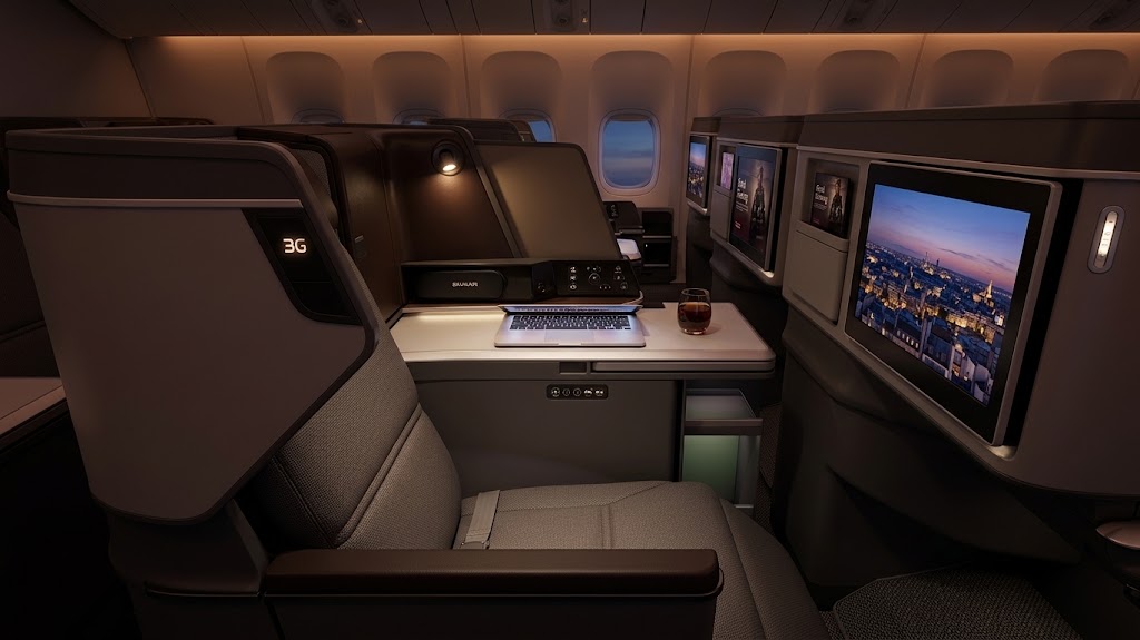 EVA Air Royal Laurel business suite on the Boeing 787-9, seat 3G lit on the shell beside a large seatback screen and a cabin window