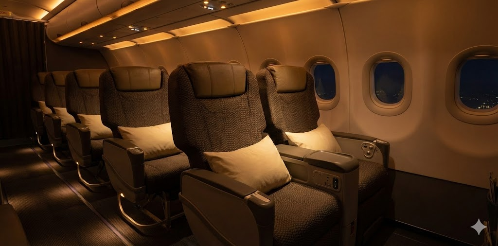 EVA Air A321 Business Class recliner seats with warm lighting