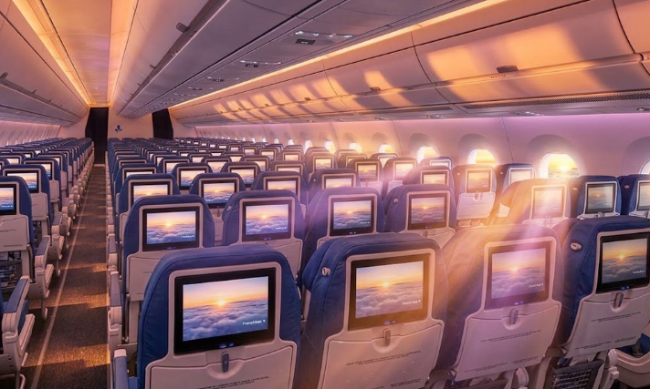 French bee Airbus A350 economy cabin, rows of navy 3-4-3 seats with seatback screens under warm sunset lighting