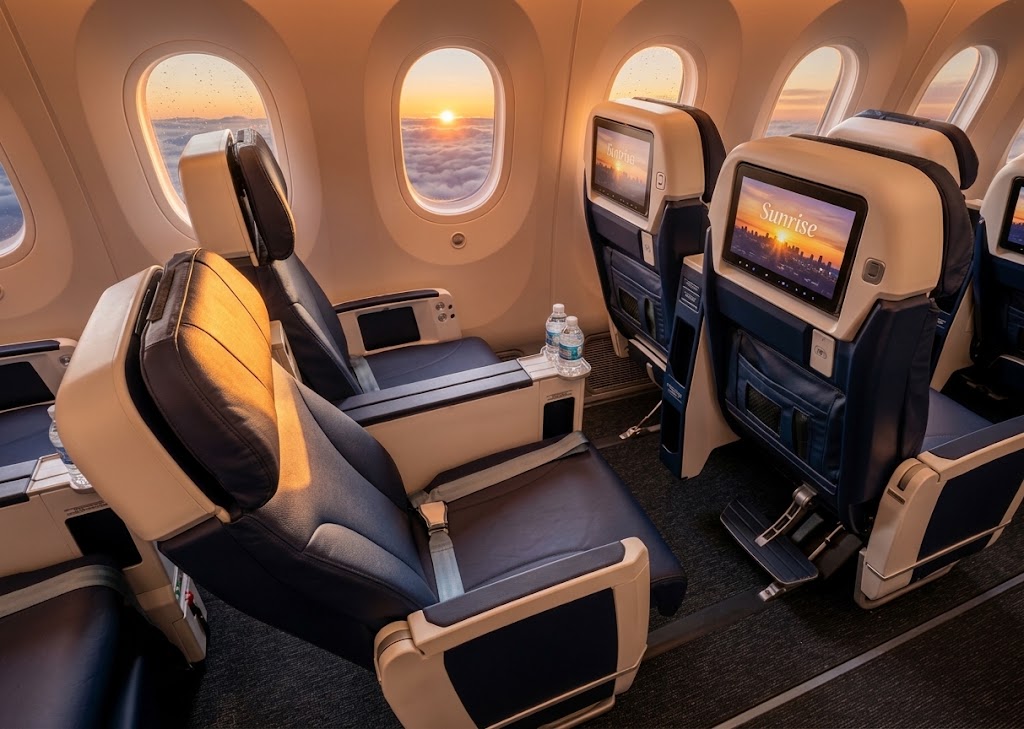Premium recliner seats in navy and cream with leg rests and seatback screens beside large windows at sunrise