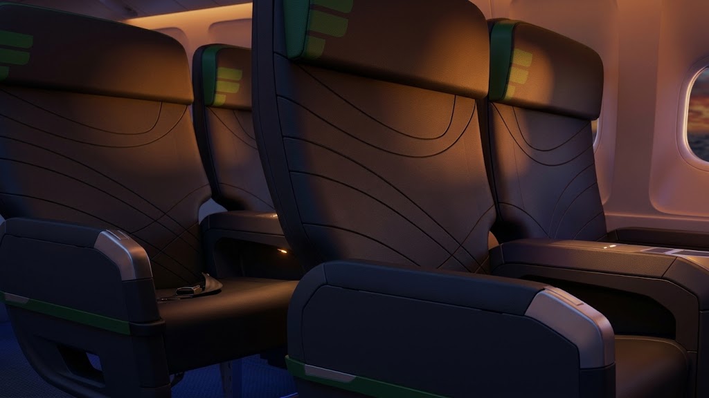 Frontier Airlines Airbus A321neo cabin looking forward towards the first two rows