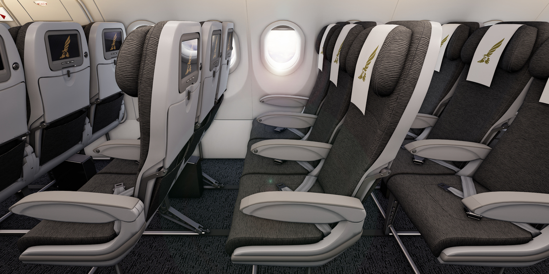 Gulf Air Airbus A321neo economy cabin in 3-3 layout with Recaro CL3710 seats and Falcon Gold-branded headrest covers