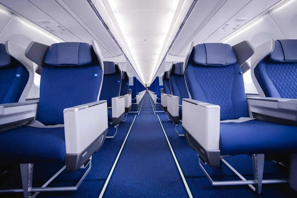 IndiGo A321neo IndiGoStretch Business Class cabin with blue Recaro R5 recliner seats in 2-2 layout