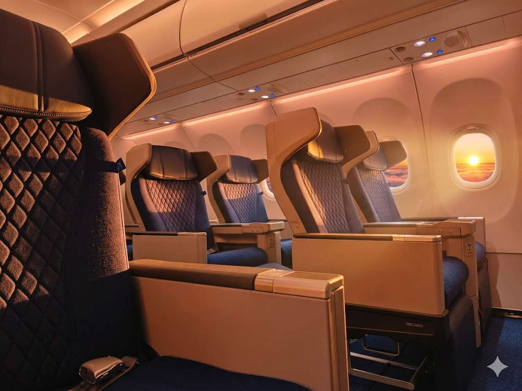 IndiGo A321XLR IndiGoStretch Recaro R5 recliner cabin in 2-2 layout with sunset window view