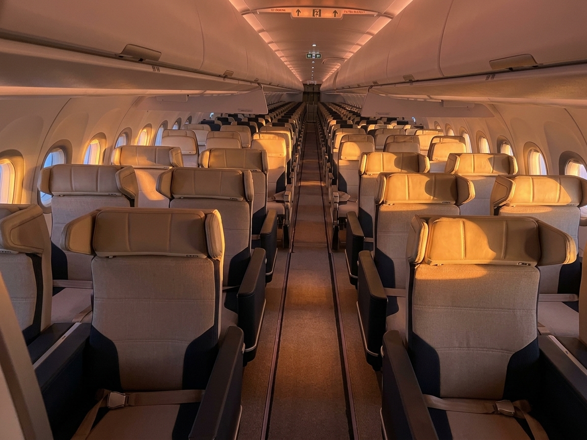 ITA Airways A321neo Premium Economy cabin with 2-2 recliner seats ahead of 3-3 economy