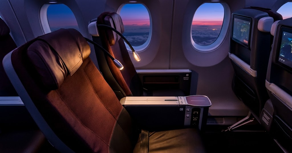 Japan Airlines Airbus A350-900 premium cabin window seat at dusk
