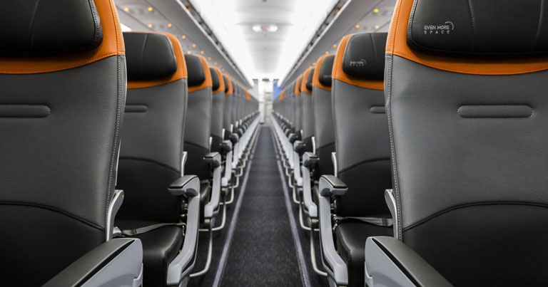 JetBlue A320 Restyled cabin interior showing 3-3 seat layout with seatback IFE screens and Even More Space headrests