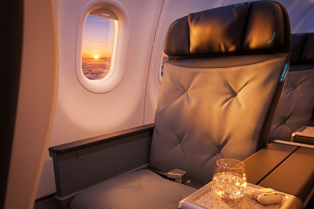 A JetBlue BlueFirst first class recliner at a window seat, with tray table, glass and earbuds, lit by sunset