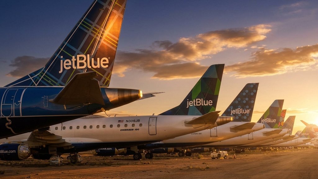 A row of JetBlue tails in different liveries at sunset