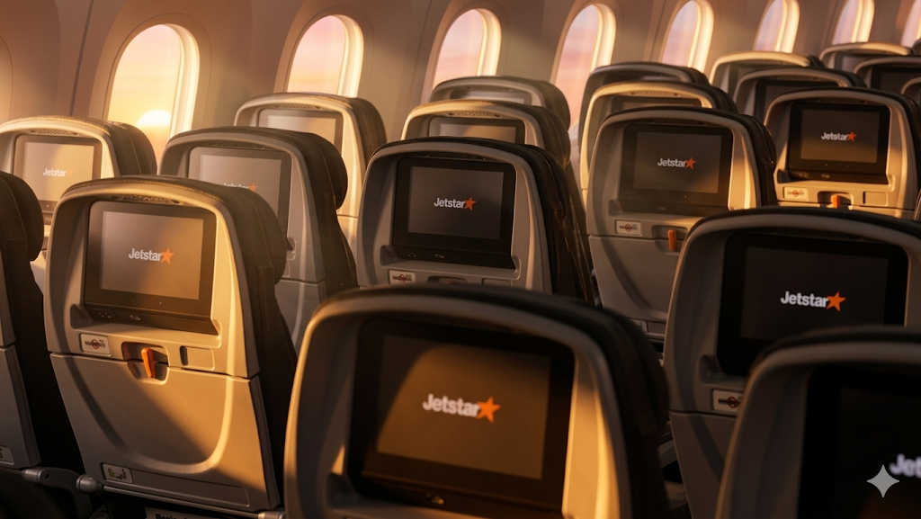 Jetstar 787-8 Economy cabin with seatback Jetstar-branded screens
